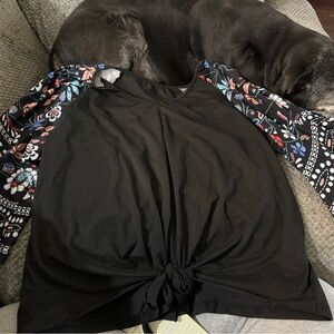 SHEIN Black Top with Colorful Floral Sleeves